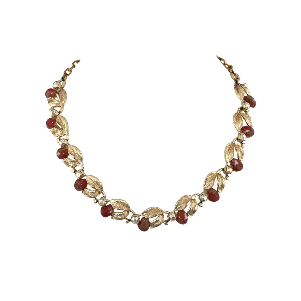 Vintage 1960s Necklace Gold Tone Leaf Marbled Confetti Beads AB Rhinestone - 7D